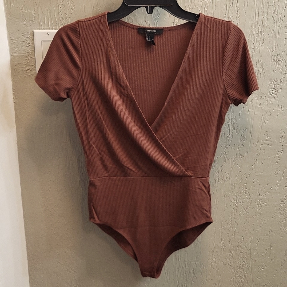 Forever 21 Ribbed Short Sleeve Surplice Brown Bodysuit